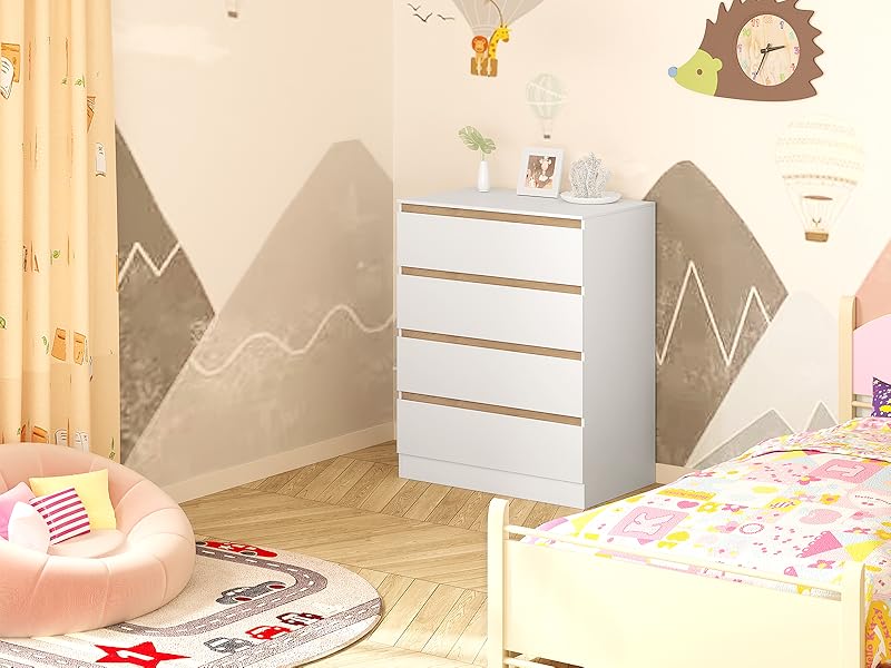 Children's bedroom with painted mountain mural, white dresser, and decorative wall decals featuring sun and animal designs in muted colors.