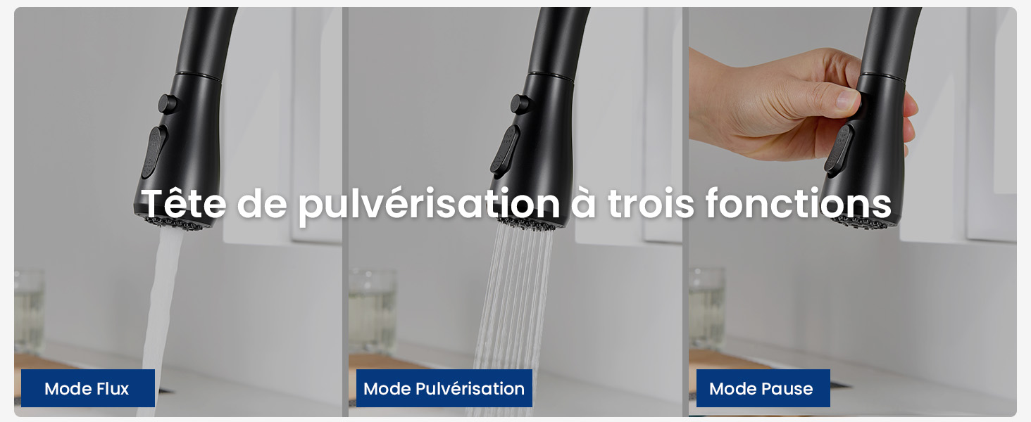 Le texte se lit comme suit : « Tête de pulvérisation à trois fonctions ».