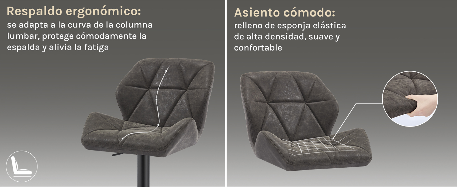 tapizada gris con estampado acolchado. El primer plano muestra el respaldo ergonómico y el cojín del asiento con