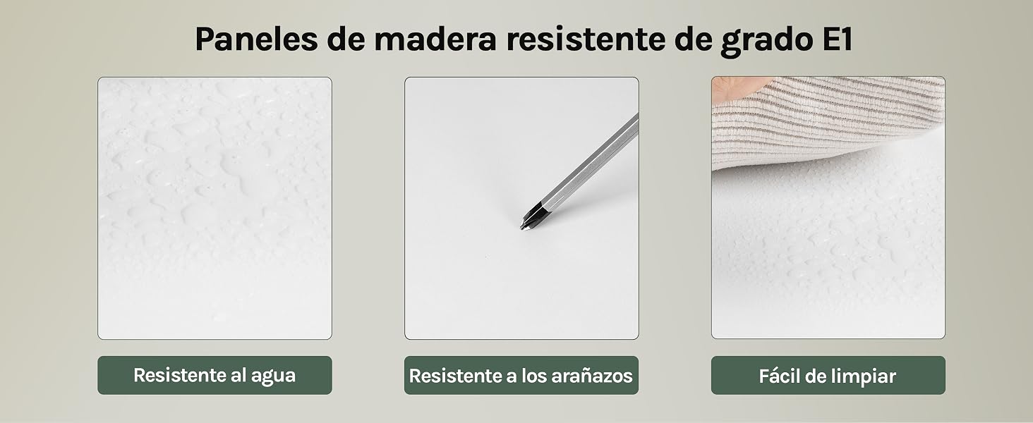 Tres paneles que muestran paneles de madera resistentes al agua. Las imágenes muestran la resistencia al agua, la resistencia a los impactos y la facilidad de limpieza
