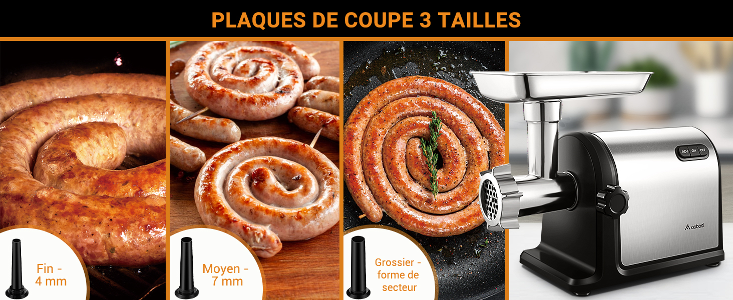 avec trois plaques de découpe pour différentes tailles de viande hachée. Les images montrent des saucisses et des produits carnés sous différentes formes.
