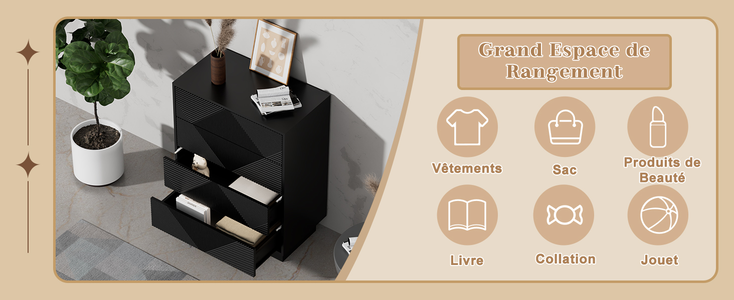 Infographie du produit montrant un bureau ou un meuble noir avec une plante. Icônes circulaires avec spécifications affichées sur fond beige.