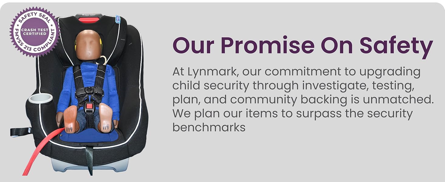 Black child car seat with blue harness and headrest, showcasing safety features. Text highlights commitment to child security through testing and surpassing safety benchmarks.