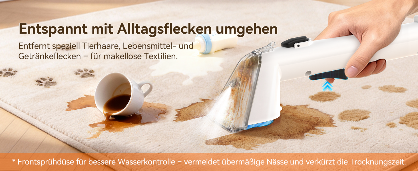 Der Text lautet „Entspannt mit Alltagsflecken umgehen“ und der Untertiteltext ist auf Deutsch. Das Bild zeigt Hände beim Gebrauch des Reinigungsmittels auf dem Stoff mit Demonstration der Fleckenentfernung.