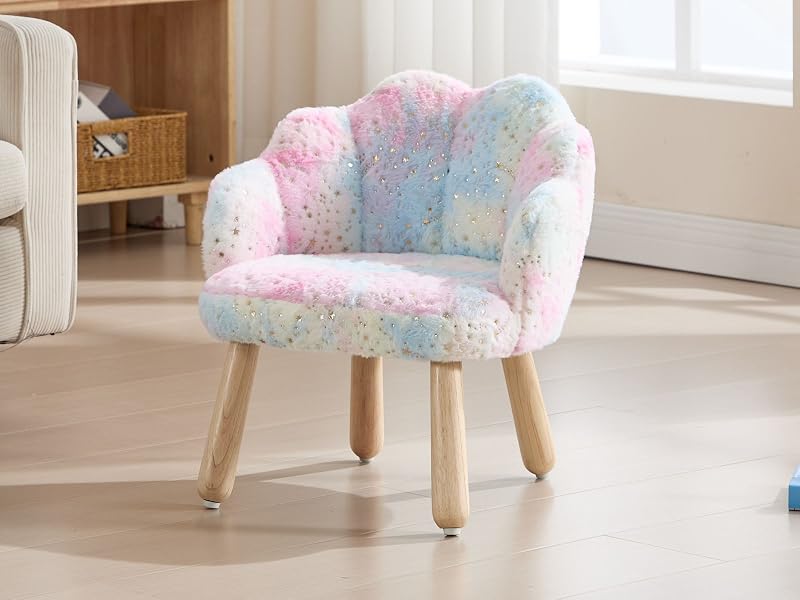 Reposapiés pequeño u otomano con estampado tie-dye pastel en colores rosa y azul, con patas de madera.