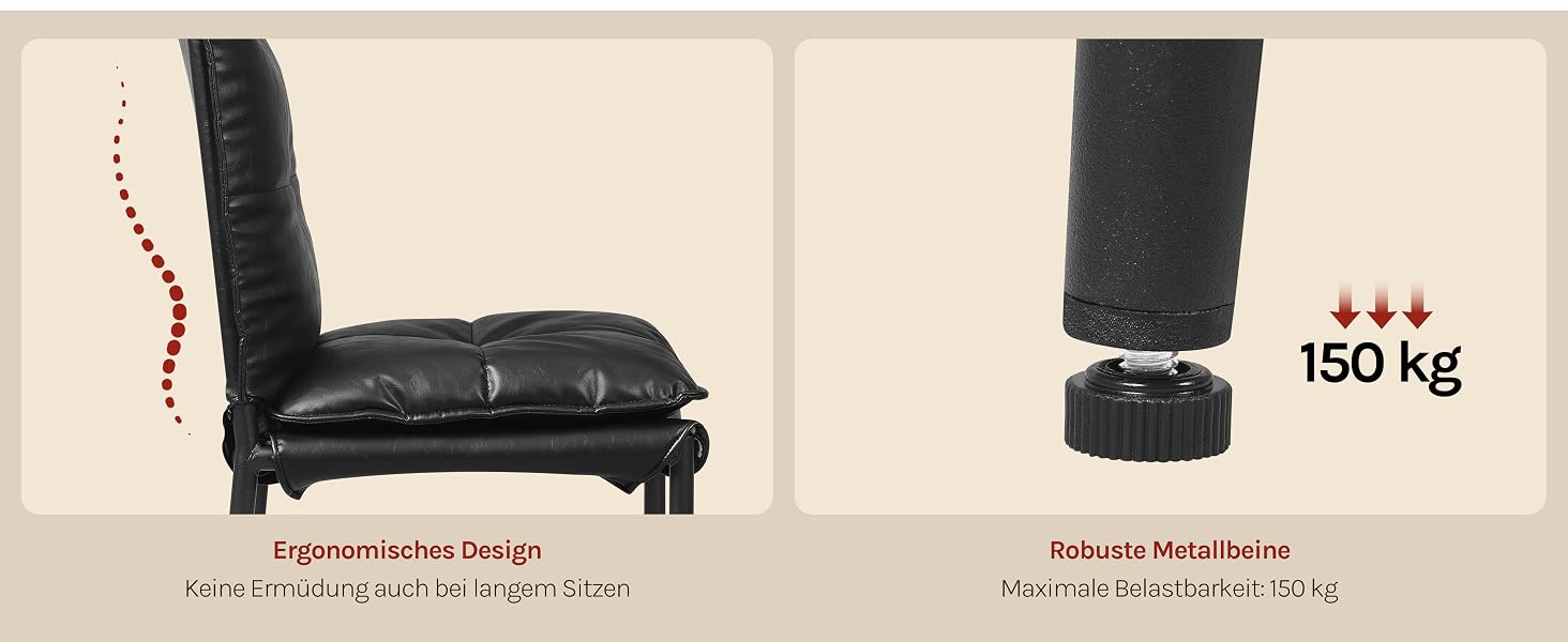 Auf dem Text steht „150 kg“ mit Anzeige der Tragfähigkeit. Zwei Ansichten, in denen die Haltbarkeit gepolsterter Sitze verglichen wird: eine zeigt die Druckfestigkeit, eine zeigt die Widerstandsfähigkeit des Materials.