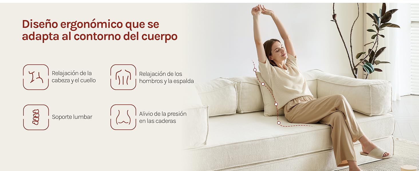 El texto dice «Diseño ergonómico que se adapta al contorno del cuerpo» con iconos de diseño ergonómicos que se adaptan al cuerpo. Persona sentada demostrando su apoyo postural sobre una superficie acolchada con decoración vegetal.