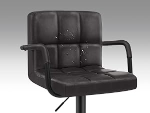 Black leather office chair with adjustable height and tufted backrest, shown from multiple angles displaying its swivel base and ergonomic design.