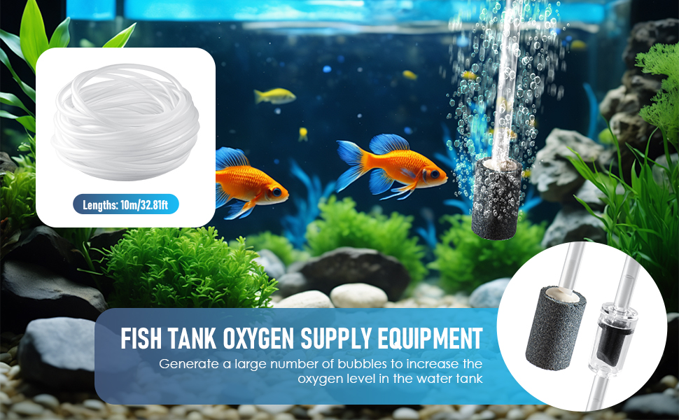 Text reads 'FISH TANK OXYGEN SUPPLY EQUIPMENT'. Aquarium scene with orange fish, green plants, and bubbling air stone. Product images show air pump equipment.