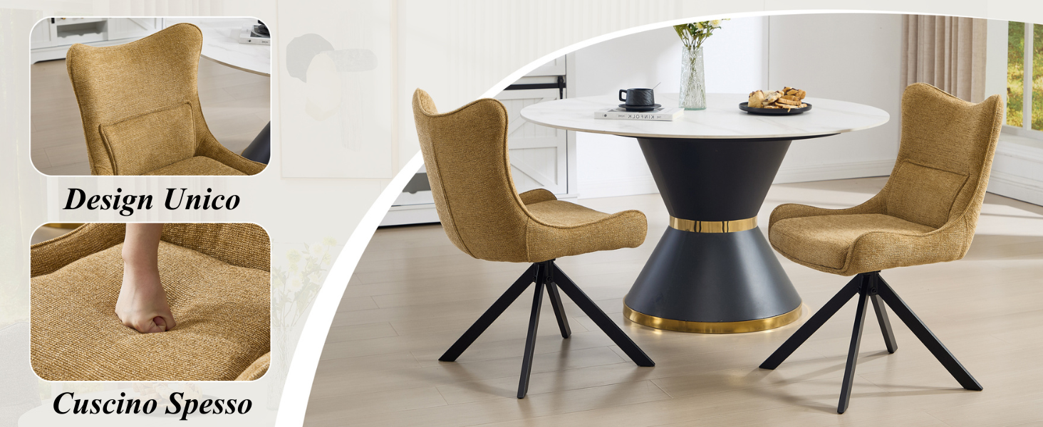 Il testo recita «Design Unico», «Conciso Spesso». Vedute multiple di moderne sedie girevoli con rivestimento in marrone chiaro/oro con basi in metallo nero mostrate in varie angolazioni.