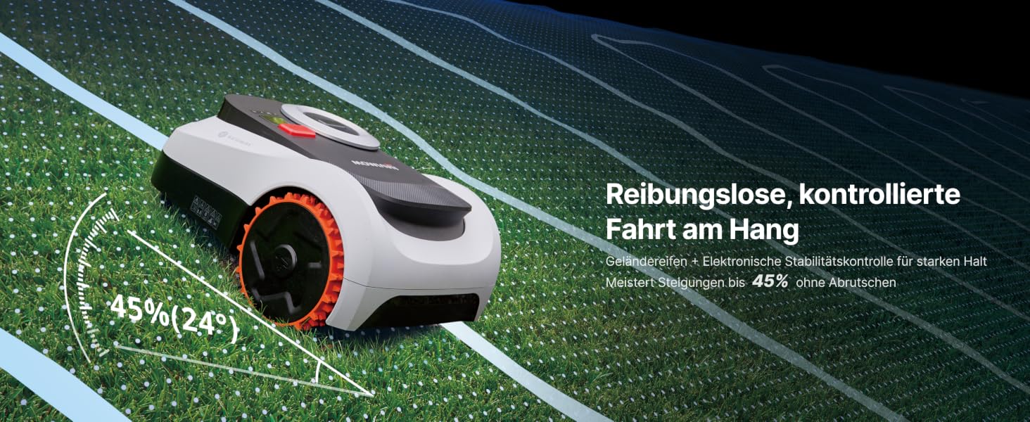 Der Text lautet „Robinspinse kontrollierte Fort tørt heng“. Weißer Mähroboter auf grünem Gras mit eckigen Konstruktionsmerkmalen.