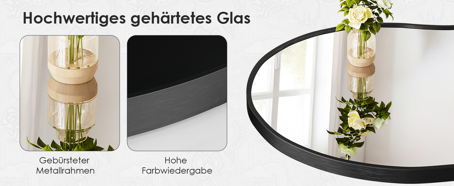 Le texte indique « Hochwertiges gehärtetes Glas » avec des éléments étiquetés indiquant « Goldzylinder », « Miroir » et un anneau de miroir circulaire avec un arrangement floral affiché sur une surface blanche.