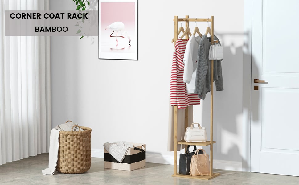 Bamboo Coat Rack Freestanding Adjustable Coat Tree Coat Hanger Stand