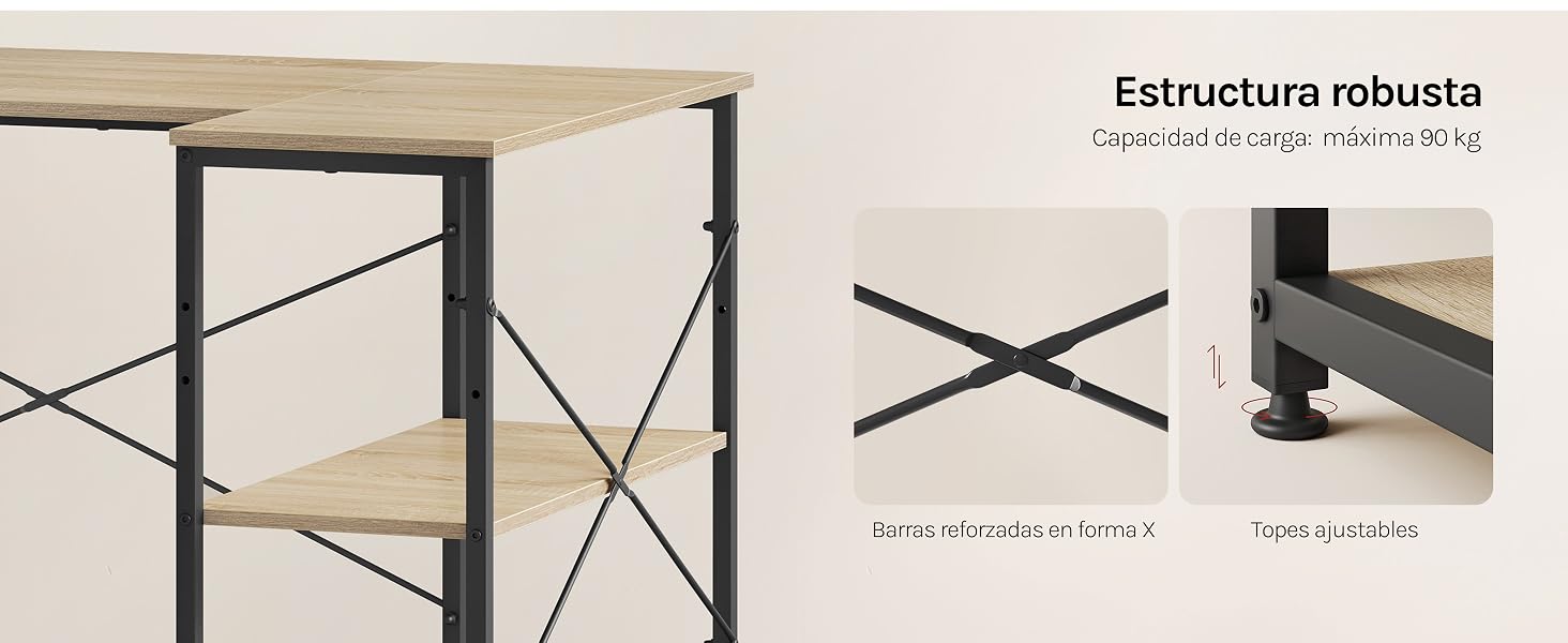 El texto dice «Efficacité réduite». Diagrama de montaje que muestra la estructura de soporte en forma de X y los componentes de las patas de la mesa.
