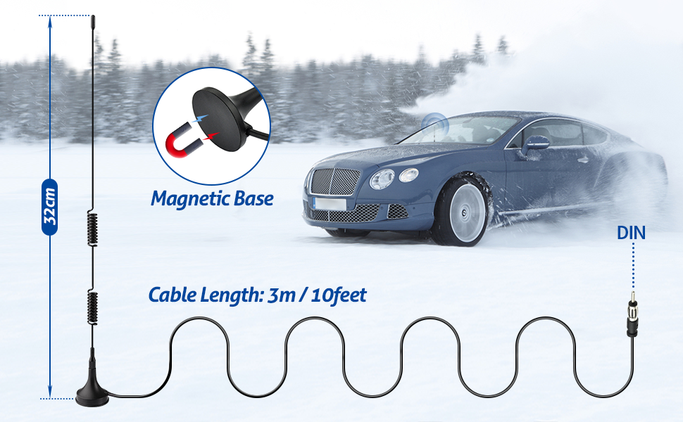 Car antenna with magnetic base and 3m/10ft cable length. Image shows antenna mounted on a car in snowy conditions, highlighting its magnetic attachment.