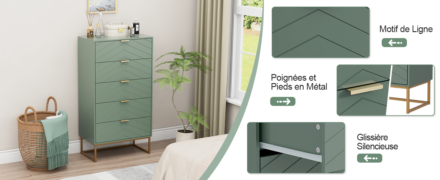 Le texte se lit comme suit : « Étant en ligne ». Plusieurs vues d'un meuble vert menthe dans différents décors de pièce avec des illustrations des caractéristiques du produit.