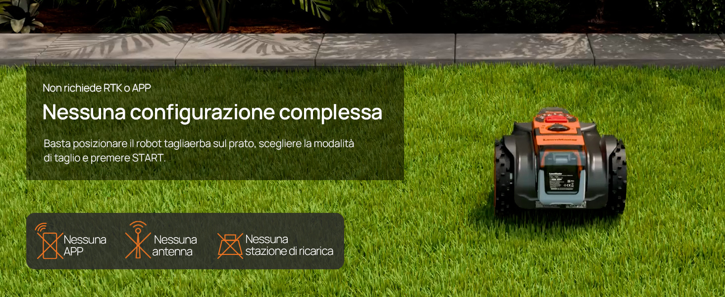 Il testo recita «Nessuna configurazione complicata» con sottotitoli descrittivi e due icone di funzionalità su sfondo scuro del giardino con apparecchiature robotiche, che enfatizzano la semplice configurazione.