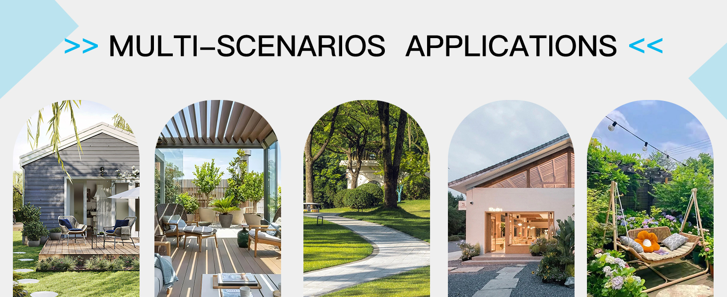Text reads 'MULTI-SCENARIOS APPLICATIONS'. Collection of outdoor lifestyle photos showing various residential and recreational settings including patios, gardens, and walkways.