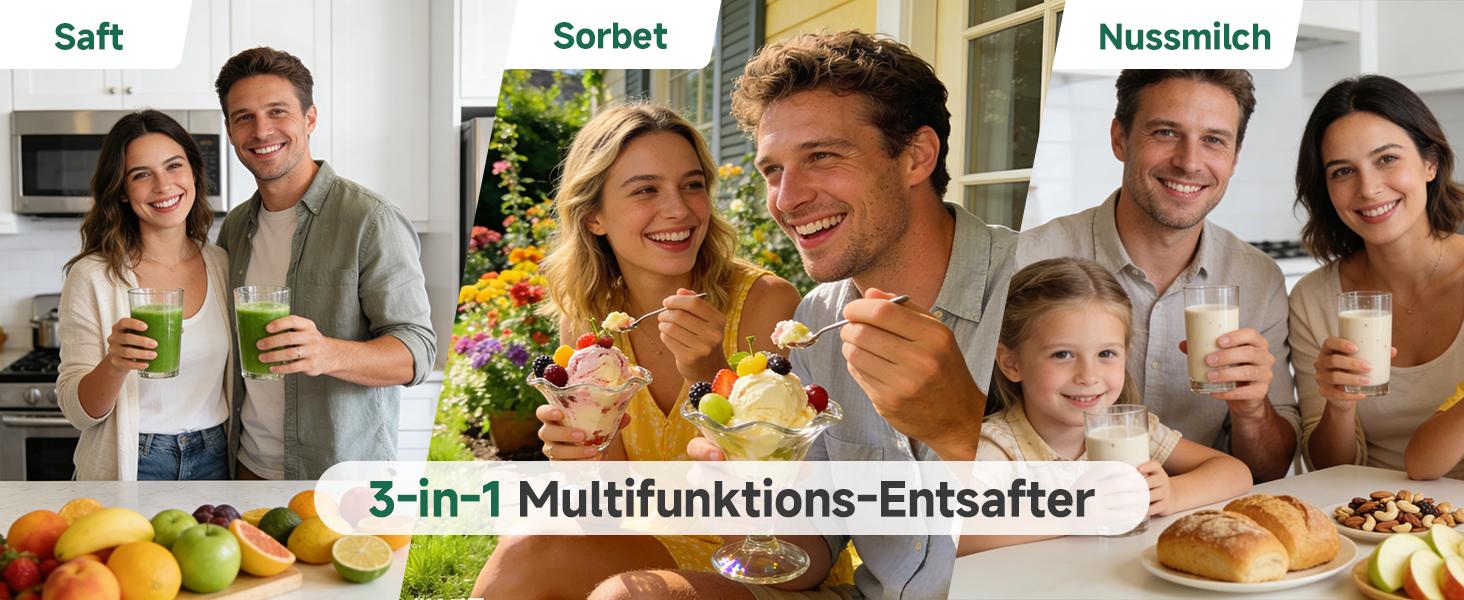 Der Text lautet „3-in-1-Multifunktionsemulgator“. Zusammengesetztes Marketingbild mit mehreren Szenen von Personen, die ein Küchengerät benutzen, mit eingefügten Produktfotos vor weißem Hintergrund.