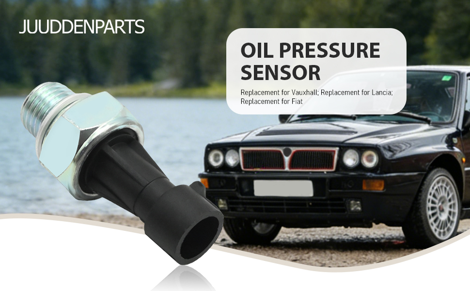 Text reads 'JUUDDENPARTS' and 'OIL PRESSURE SENSOR'. Multiple views of an automotive oil pressure sensor component shown with vintage car images.