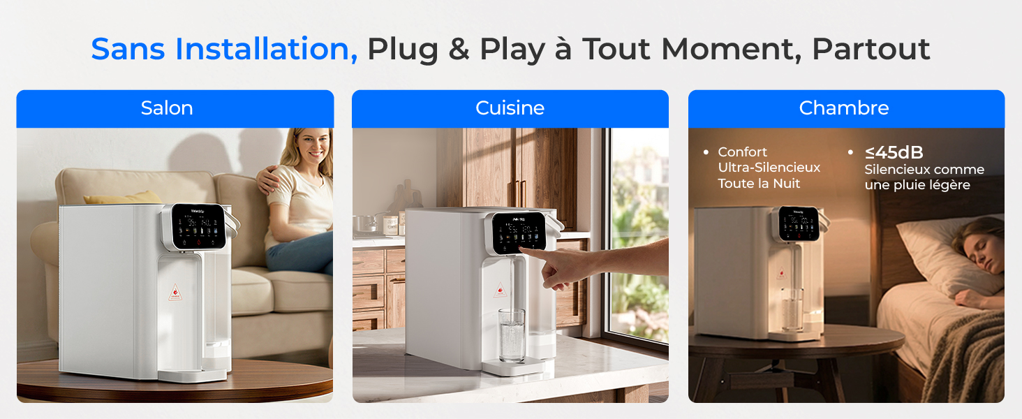 Le texte indique « Sans installation, Plug &amp; Play à Tout Moment, Partout ». Série de scènes intérieures montrant différentes configurations d'éclairage.
