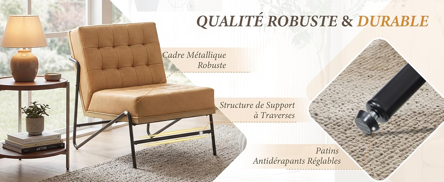 Le texte indique « QUALITÉ ROBUSTE ET DURABLE » et « Coton mélangé », « 4 % élasthanne » et « 95 % polyester » et « Certification et tannage ». Fauteuil d'appoint rembourré beige avec échantillon de tissu illustré à droite ; décor de design d'intérieur avec décoration intérieure.