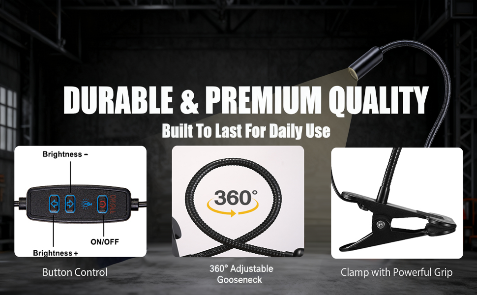 Text reads 'DURABLE &amp; PREMIUM QUALITY Built To Last For Daily Use'. Three product features shown: brightness control, 360° adjustment crosshead, and clamp with powerful grip.