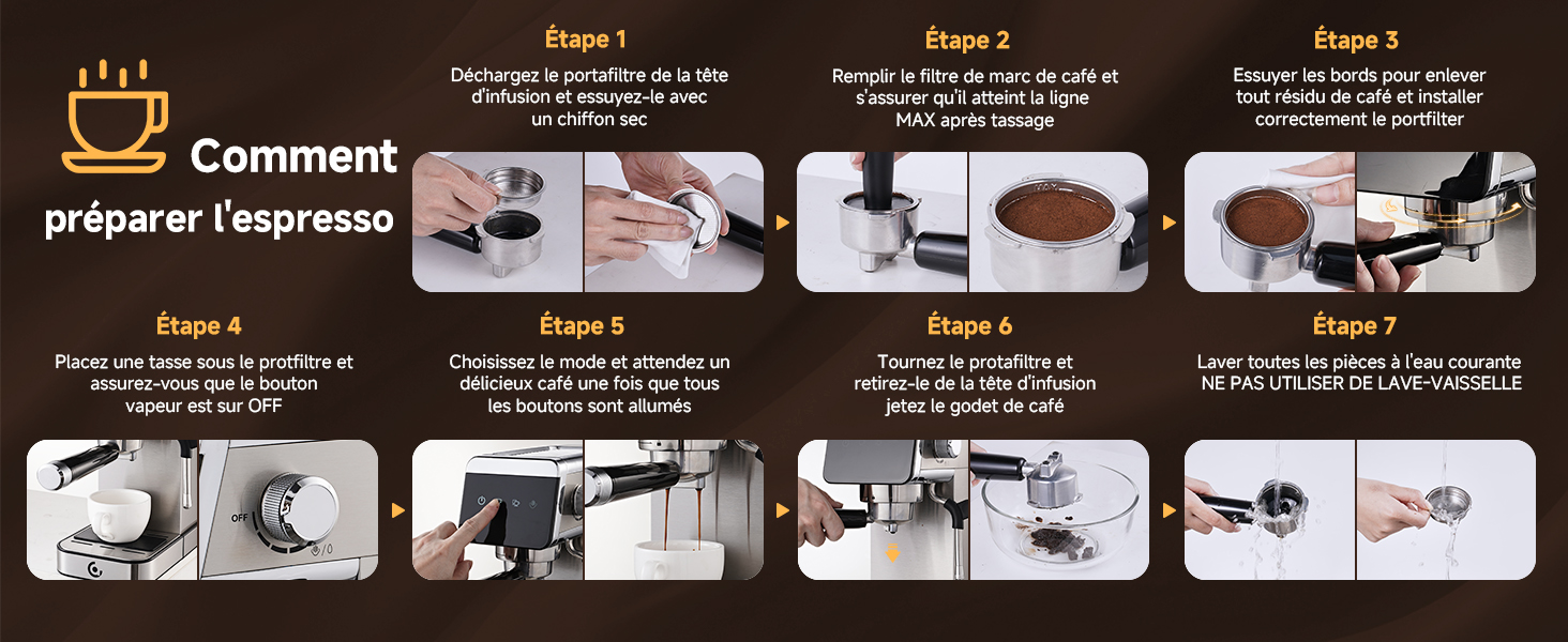 Instructions de préparation d'espresso étape par étape montrant la configuration de la machine, la mouture du café, le bourrage et le processus d'infusion avec des schémas illustrés et du texte en français