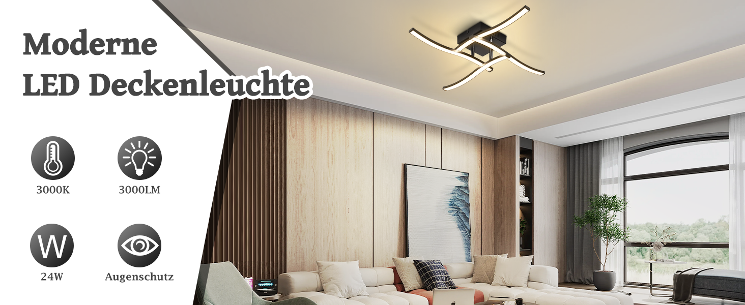 Text lautet: 'Moderne LED Deckenleuchte' (Moderne LED-Deckenleuchte). Inneneinrichtung mit montierten Deckenleuchten und Symbolen für die Lichtsteuerung, die auf Funktionen zur Timer- und Helligkeitseinstellung hinweisen.