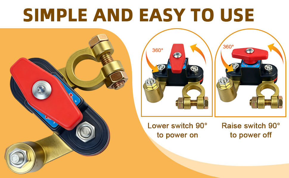 Text reads 'SIMPLE AND EASY TO USE'. Red and black roller skate with dual wheels and keychain attachment shown with two circular diagrams labeled 'Lower switch 90° to power on' and 'Raise switch 90° to power off'.