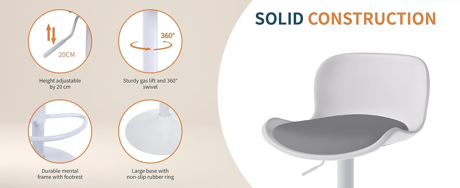 Text reads 'SOLID CONSTRUCTION'. Product diagram showing chair assembly features with technical specification indicators.