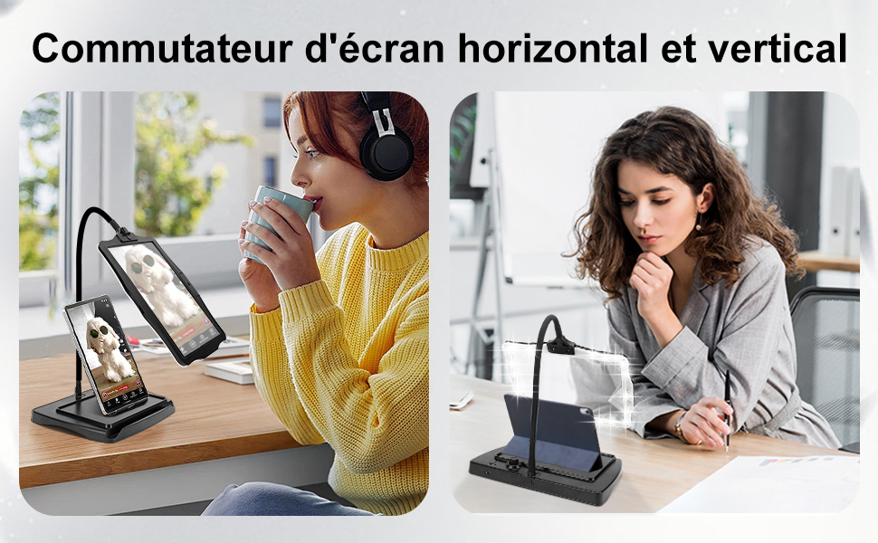 Support de tablette ajustable avec modes de visualisation horizontal et vertical. Deux images montrent des personnes utilisant le support : l'une pour les appels vidéo, l'autre pour la lecture ou l'écriture.