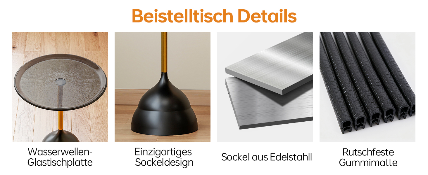 Der Text lautet: 'Bestelltisch Details'. Produktpräsentation mit verschiedenen Möbelkomponenten, darunter Sockeldesigns und Gummifüße.