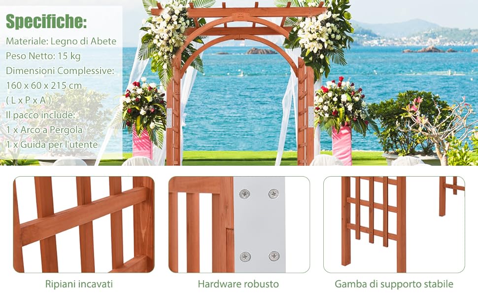 Arco metallico per varie piante rampicanti, Pergolato da interno ed esterno  per matrimoni 140x38x225cm Nero - Costway