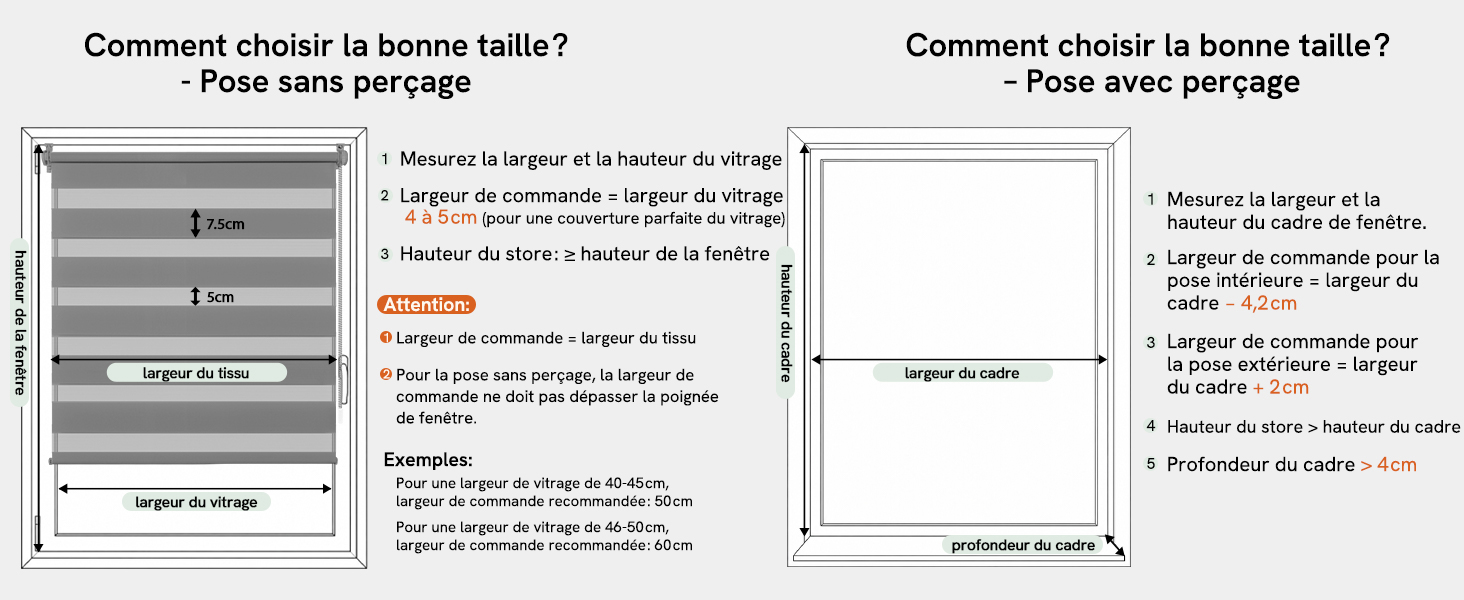 Le texte se lit comme suit : « Comment choisir la bonne taille ? » avec guide des tailles. Infographie pédagogique avec tableaux de mesures et menus déroulants pour la sélection des tailles de vêtements en français.