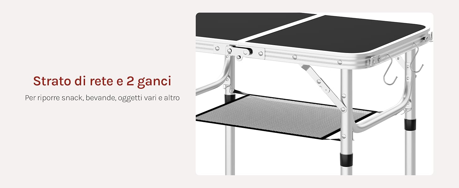 Il testo recita 'Strato di rete e 2 ganci'. Supporto per monitor in metallo bianco con piattaforma in rete e doppi ganci, che mostra diverse angolazioni e viste di installazione.