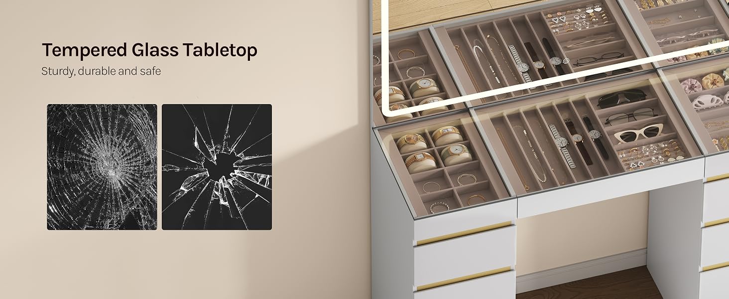 Text reads 'Tempered Glass Tabletop' with 'Stain-resistant' and 'Easy to clean' noted. Two impact-resistant glass sample squares shown; white drawer organizer with compartments displayed.