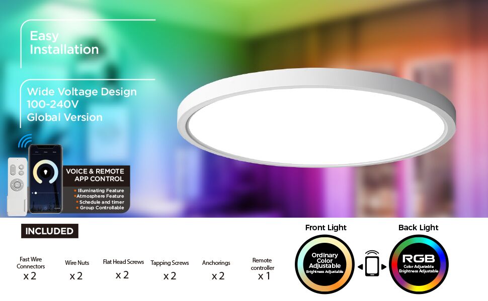 Produktdisplay für intelligente LED-Deckenleuchten mit Installationskomponenten, Fernbedienung und RGB-Farboptionen mit Funktionen zur drahtlosen Steuerung.