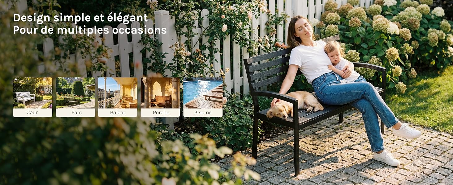 Le texte se lit comme suit : « DONNEZ VIE À VOTRE JARDIN ». Femme en chemise bleue utilisant un équipement de fitness en plein air dans un jardin avec des arbres et un fond de paysage naturel.