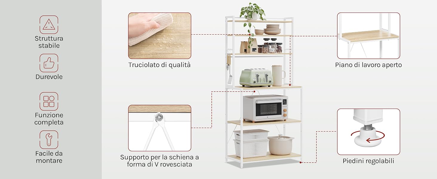 Istruzioni del prodotto o guida all'assemblaggio che mostra più pannelli con diagrammi, illustrazioni e passaggi numerati per l'assemblaggio dei mobili o la configurazione del prodotto.