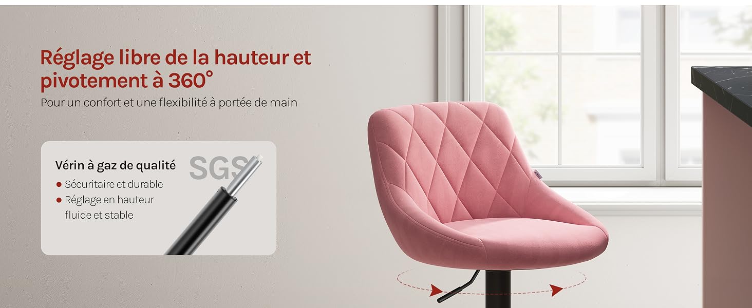 Le texte se lit comme suit : « Règles lors de la hauteur et placement à 360° ». Chaise de bureau ergonomique rose présentée sous plusieurs angles dans une pièce blanche.