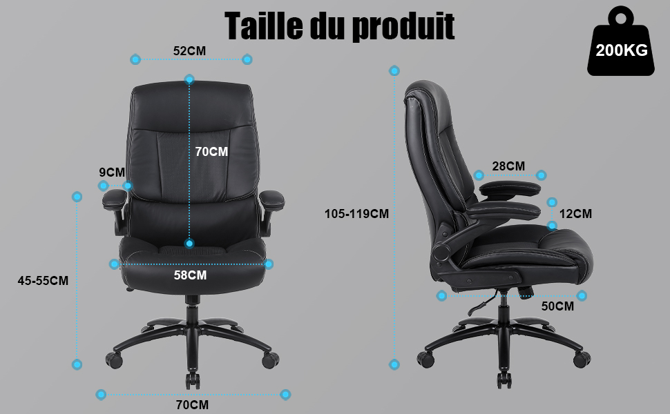 : 52 cm de large, dossier 70 cm de haut, assise 58 cm de profondeur. La vue latérale montre 50 cm de hauteur, 28 cm de dossier et 12 cm de coussin de siège. Capacité de charge 200 kg.
