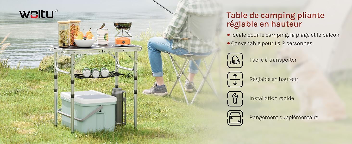 Le texte se lit comme suit : « Table de camping pliante rigide en haut ». Plusieurs images montrant une table de camping pliante en extérieur avec spécifications et démonstrations d'utilisation.