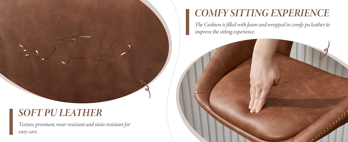 Text reads 'COZY SITTING EXPERIENCE' and 'SOFT PU LEATHER'.