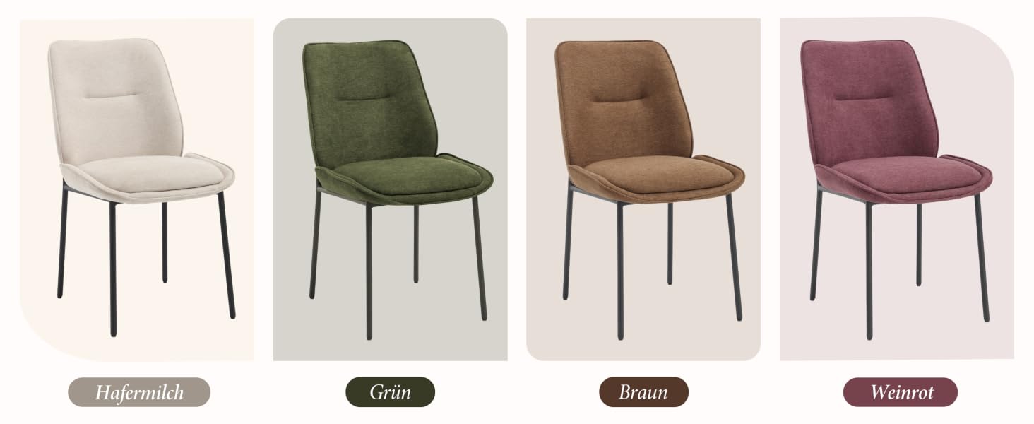 Vier moderne Esszimmerstühle in einer Reihe mit den Aufschriften „Beige/Cream“, „Olive“, „Cognac“ und „Maroon“ mit passenden Metallbeinen und gesteppten gepolsterten Sitzen.