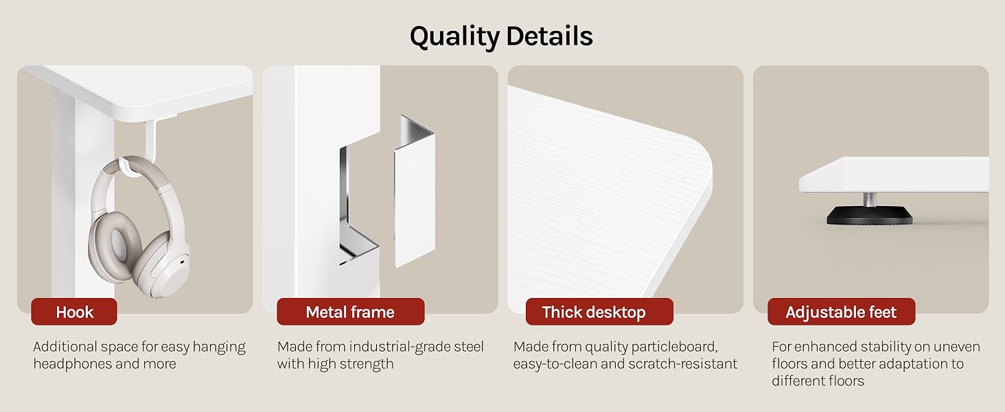 Four product comparison panels showing different items with 'Quality Details' header. Display includes storage solutions and organizational products with labeled features.