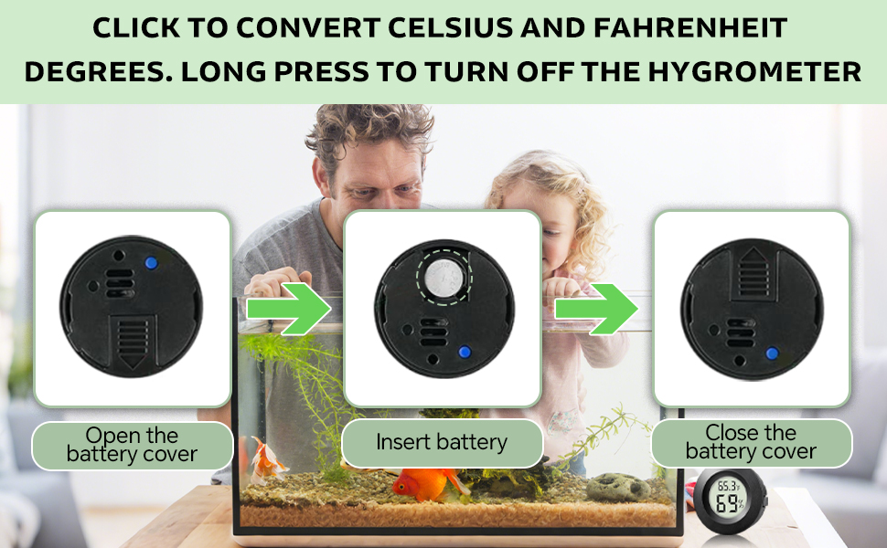 Text reads 'CLICK TO CONVERT CELSIUS AND FAHRENHEIT DEGREES. LONG PRESS TO TURN OFF THE HYGROMETER'. Product instruction diagram showing three circular device interfaces with arrow indicators.