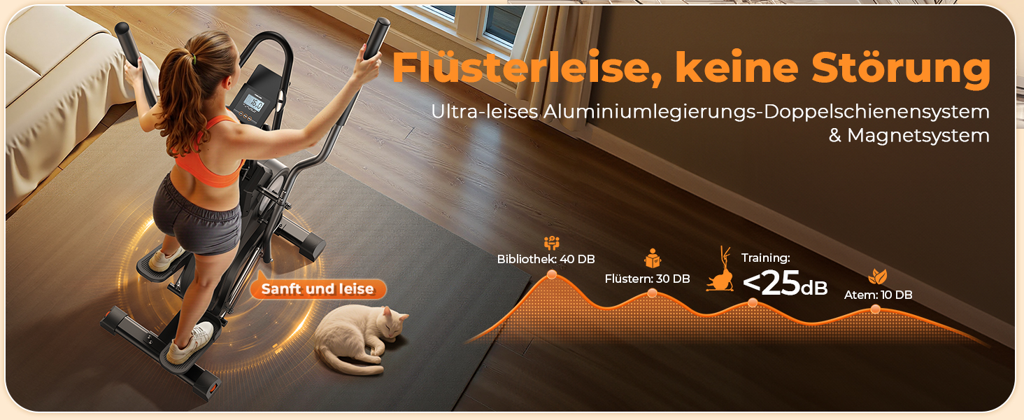 Der Text lautet „Leise, keine Störung“ mit einem Diagramm, das die Bohrmaße und Einbaudetails für Türrahmenkomponenten zeigt.