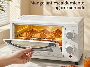 El texto dice «Mango antiescaldamiento, agarre cómodo». Se muestra un aparato blanco de encimera preparando la comida, con la empuñadura demostrada.