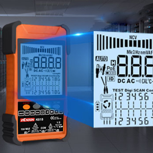 con rivestimento arancione e ampio schermo LCD che visualizza vari simboli di misurazione elettrica e valori numerici